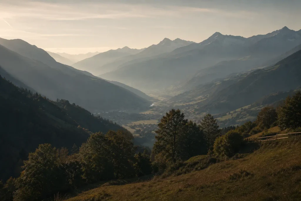 Alpines Tal im Morgenlicht, gestaffelte Bergrücken in dunstiger Ferne